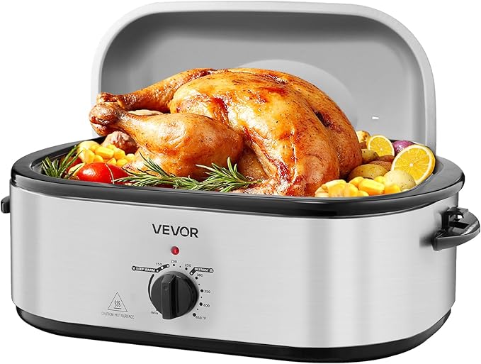 VEVOR Roaster Oven, 22QT Electric Roasting Pan, 150-450℉ Adjustable Temperature Multifunctional Electric Roaster Oven with Self-Basting Lid, Defrost & Warm Function for Holiday Meal, Fits 26lb Turkey