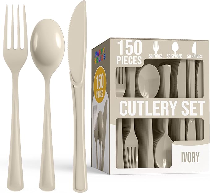 Party Solids Ivory Plastic Silverware Heavy Duty 150 Pieces Ivory Plastic Cutlery Sets, Utensil Sets, 50 Of Each Forks, Knives & Spoons Disposable Cutlery Set, Flatware Set For Party Supplies