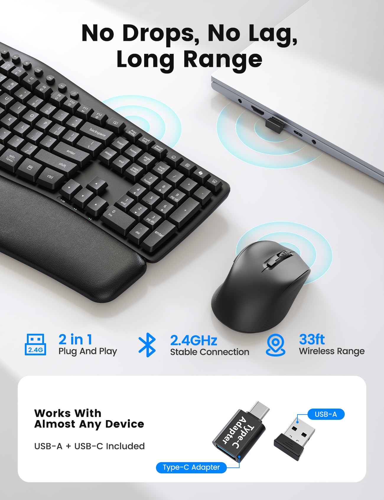 SABLUTE Wireless Keyboard and Mouse Combo, Ergonomic Wave, 30dB Quiet, MA41