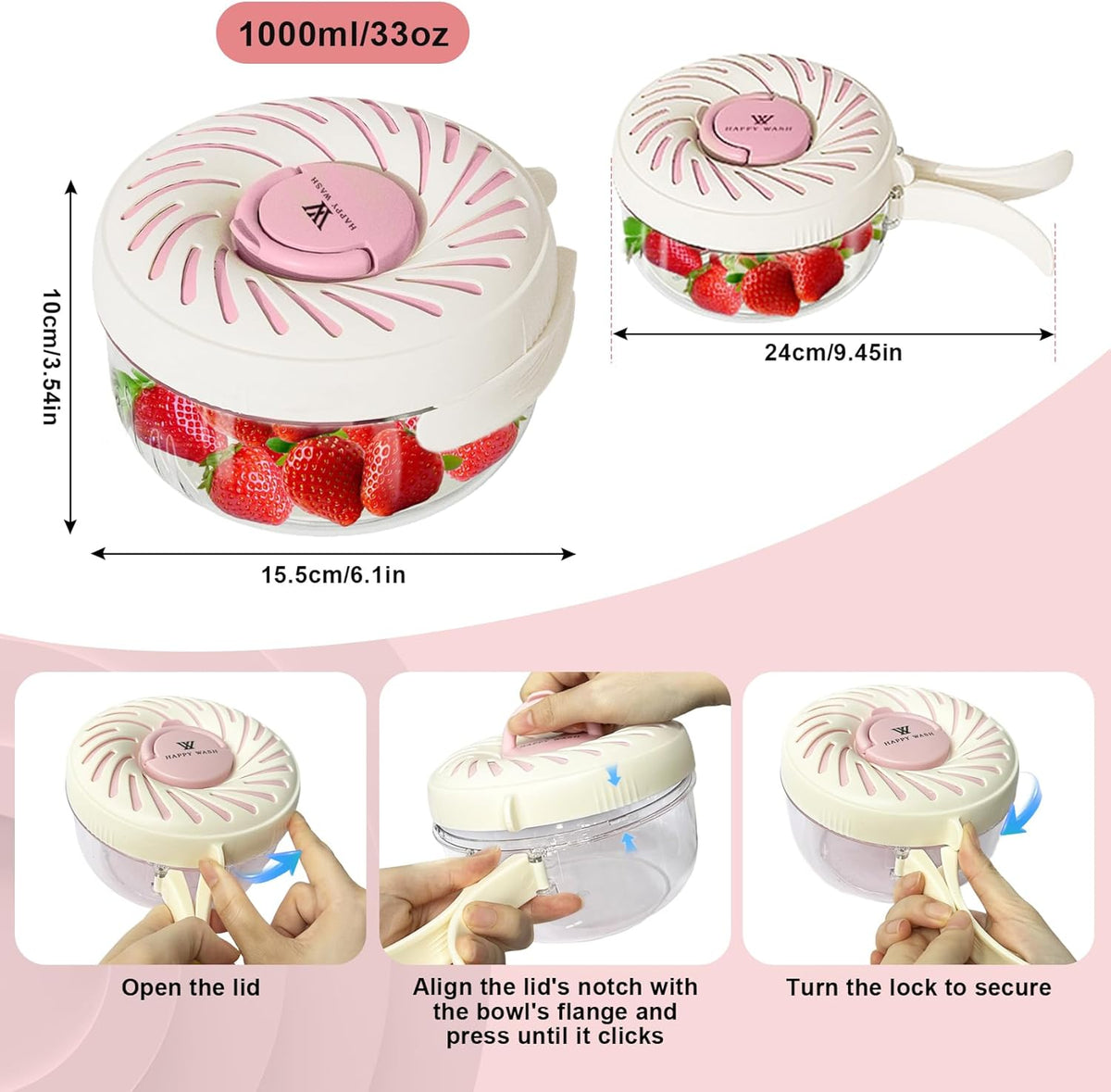Fruit Washing Bowl with Strainer, Fruit Strainer container with Lid, Portable Fruit Colander with Collapsible Handle, 3 in 1 Fruit Fridge Container Salad Stir Fruit Cleaning Drainer for Kitchen