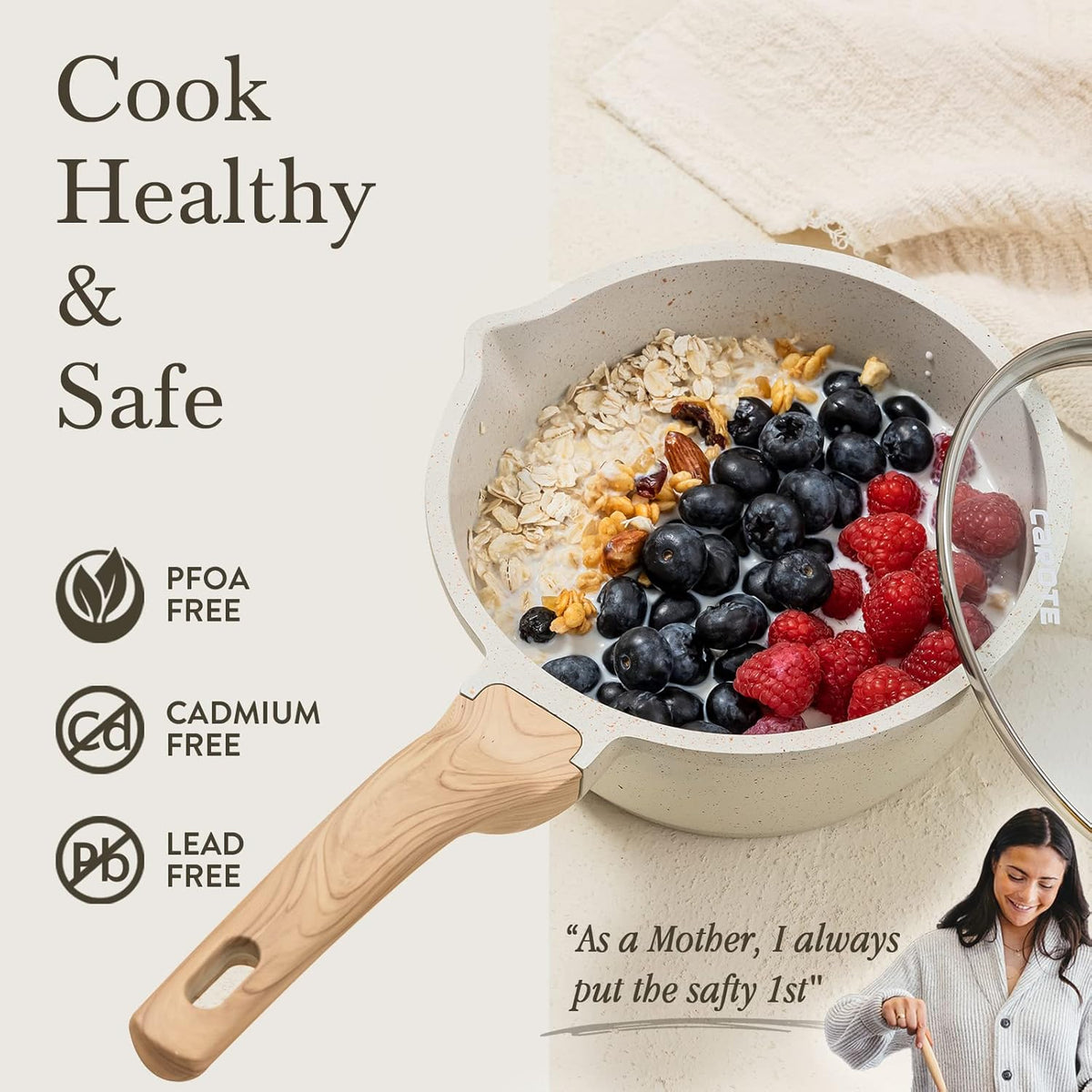 CAROTE 1.8Qt Sauce Pan Set with Lid Nonstick Saucepan Non Stick Sauce Pots Cooking Pot with Pour Spout, Easy to Clean, Small Kitchen Pots Induction Pot, PFOA FREE (White Granite)