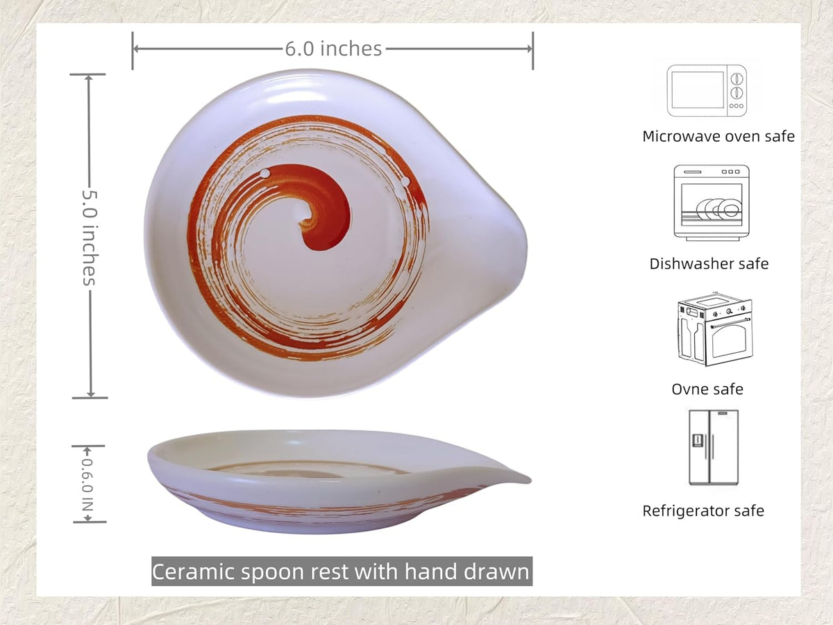 Ceramic Spoon Rest for Stove Top, Hand Painted Brown Swirl Spoon Rest for Kitchen Counter, Retro Cooking Spoon Holder for Kitchen Counter, Utensil Rest for Spatula Ladle or Tong (White)