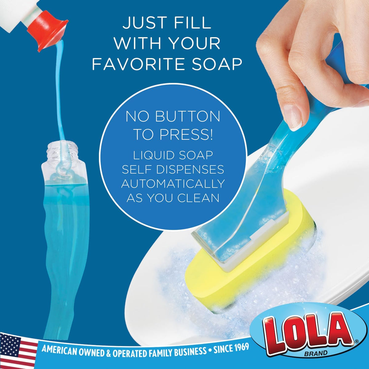 Lola Products Dish Brush w/Soap Dispenser Wand, Absorbent Sponge Scrubber, No Leaking. Clean Dishes and Sinks, 12 Brushes & Heads & 72 Refills