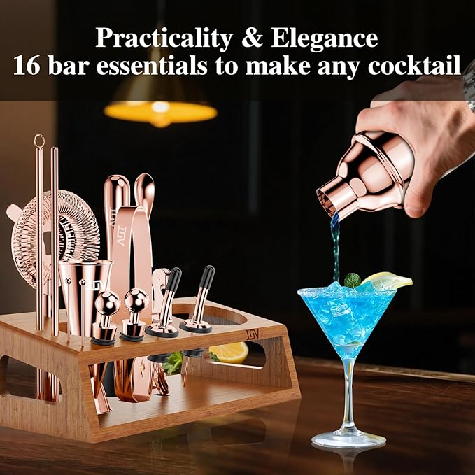 IOV Cocktail Shaker Set Bartender Kit with Stand | Bar Set Drink Mixer Set Includes Martini Shaker, Jigger, Strainer, Mixing Spoon, Muddler, Recipe Book | Home Bar Accessories Gift Set (Rose Gold)