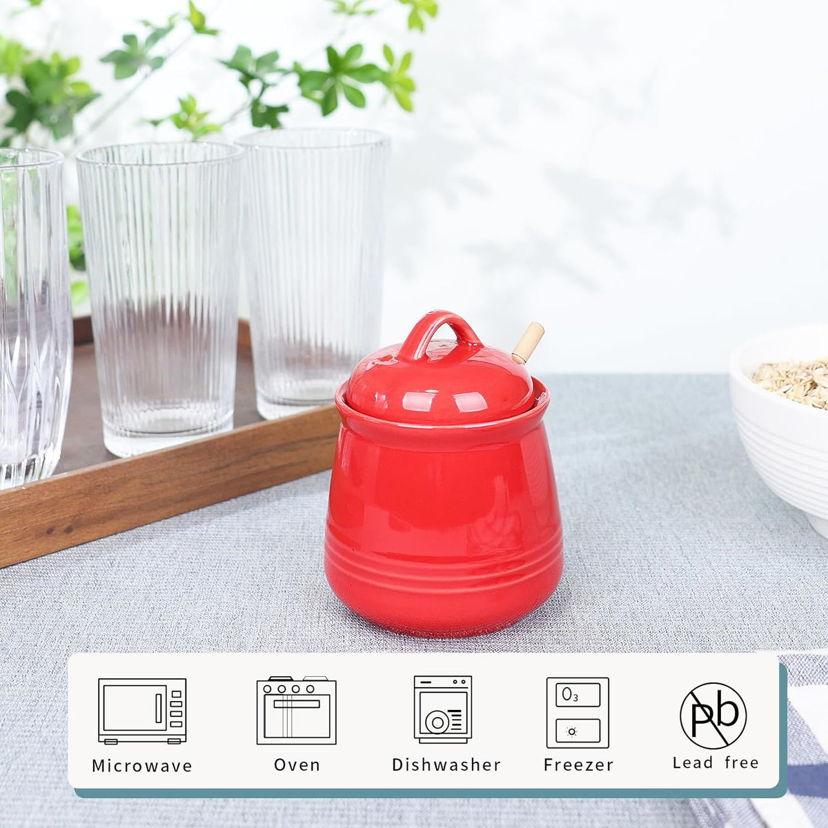HAOTOP Ceramic Honey pot with Lid and Honey Dipper,Porcelain Honey Jar Easy to Clean and Dishwasher Safe,12oz (Red)