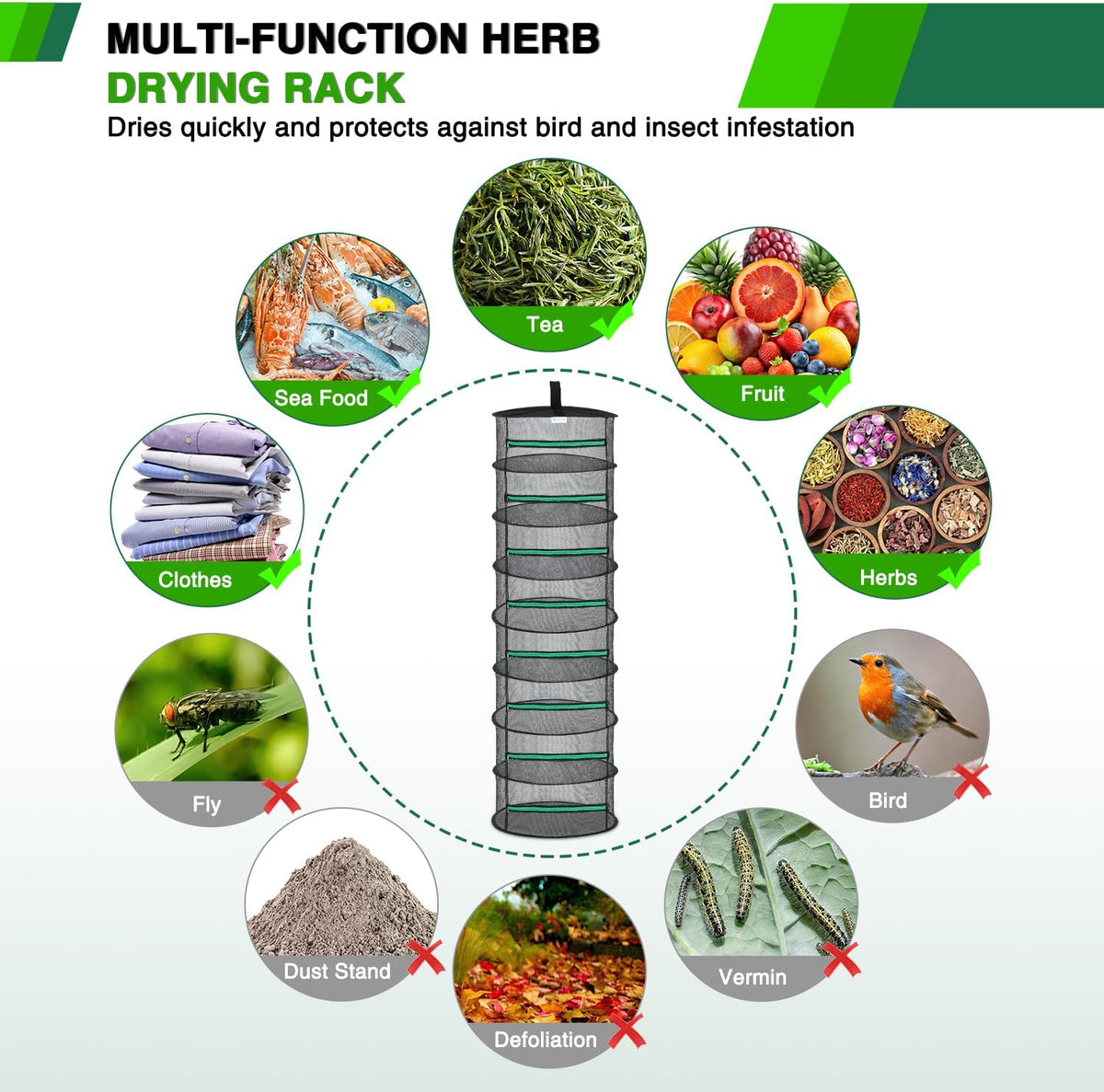 Yesker 8 Layer Herb Drying Rack Hanging Mesh Net Foldable Plant Drying Racks 24" w Green Zipper Pruning Shears Hook Dryer Hanging Rack for Herbs Seed Bud Fruit Clothes Grow Tent Closets Garden Outdoor
