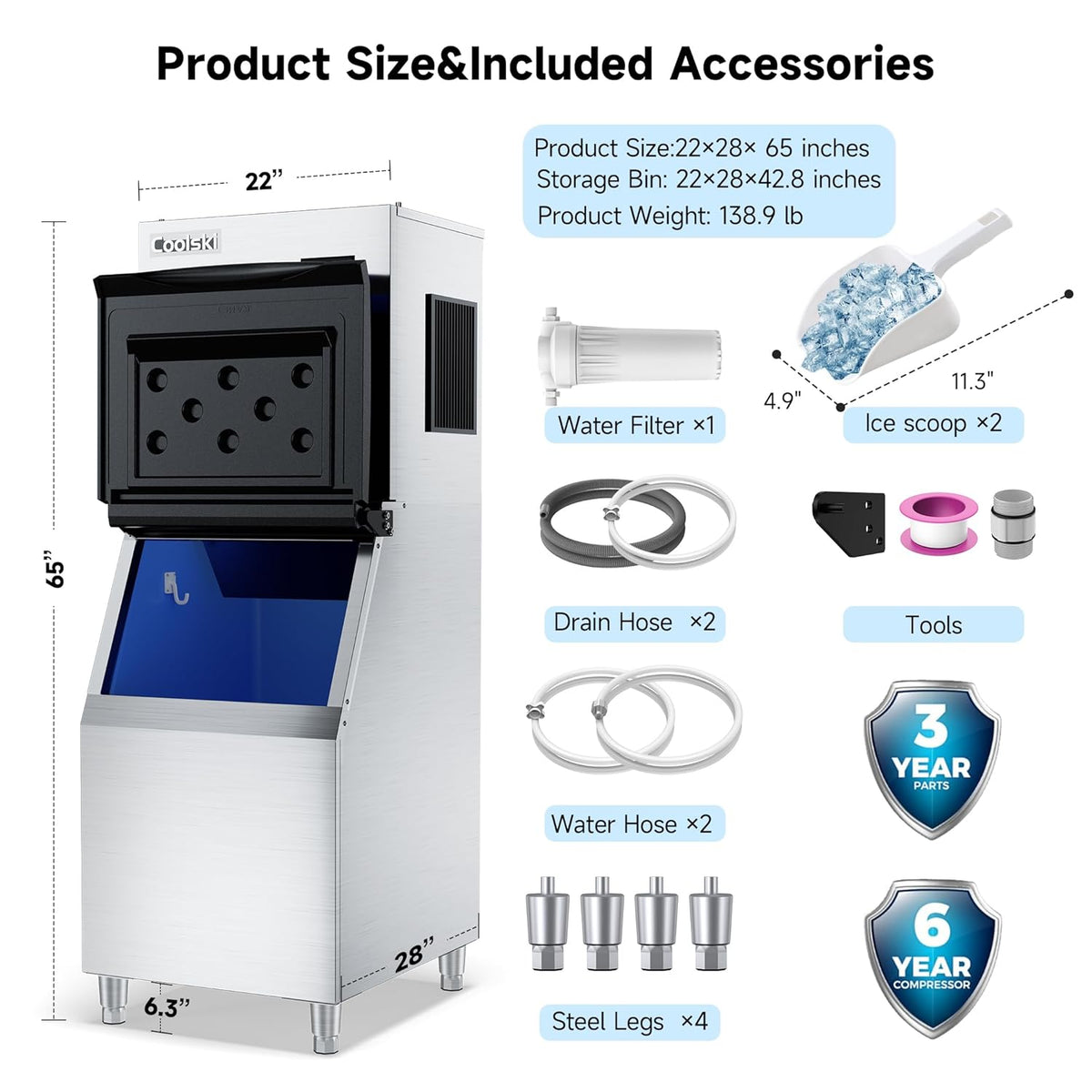 Commercial Ice Maker Machine 300-350LBS/24H, 22'' Air Cooled Commercial Ice Machine with Ice Bin, Modular Ice Machine for Restaurants Clear Ice Cubes/Stainless Steel Construction/ETL Approved