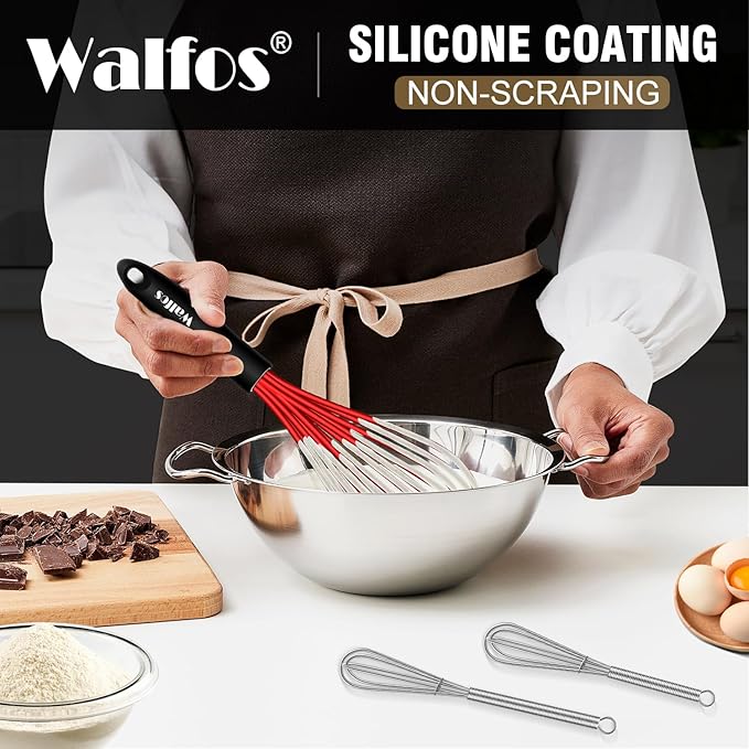 Walfos Silicone Whisks Set, 5pcs Whisk, Non Scratch Coated 7+9+11in Whisks and Mini stainless steel 7+5in Whisk, Suitable for Use in Whisking, Blending, Frothing, Beating & Stirring. (Multicolor)