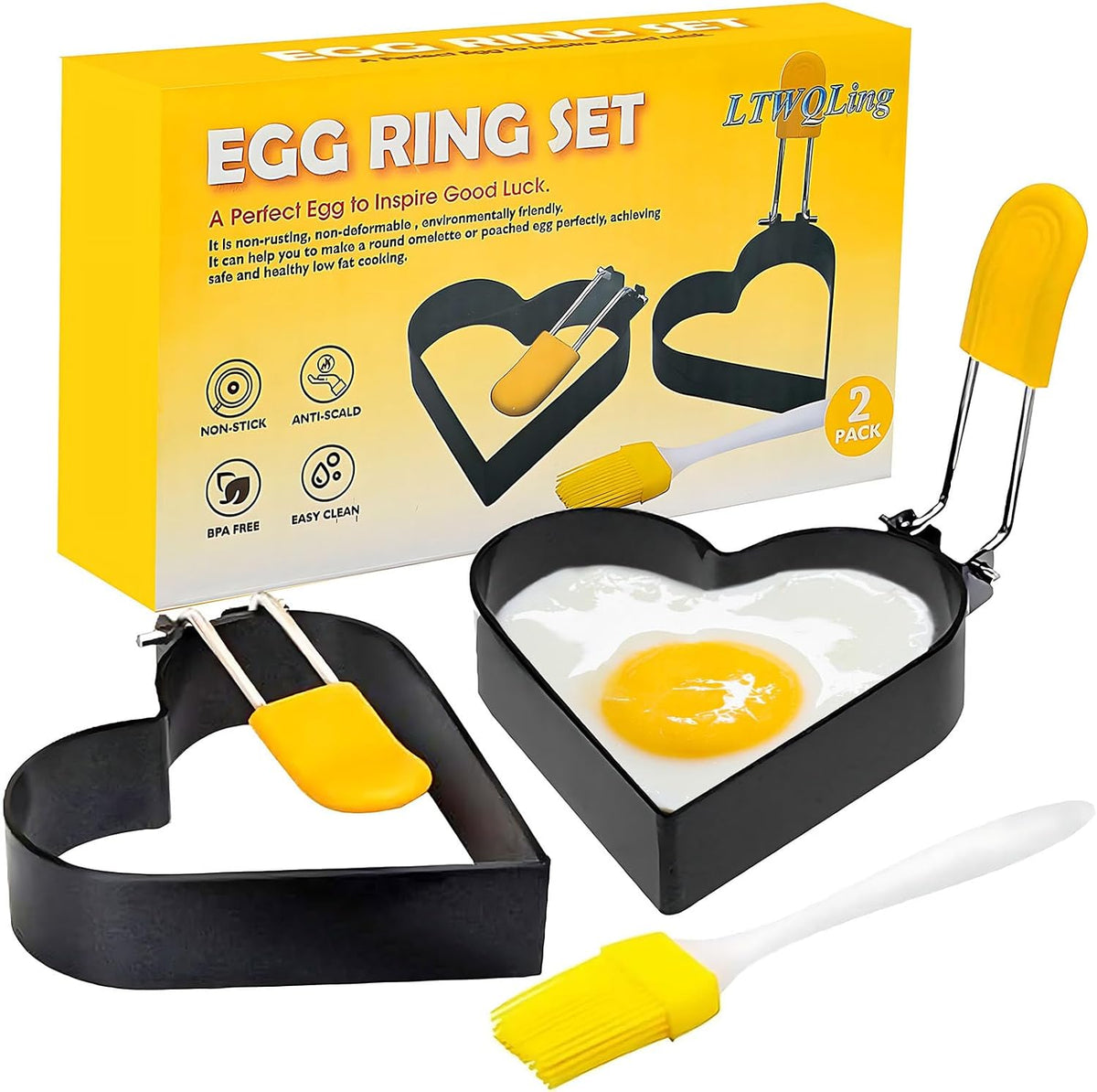 Egg Ring for Frying Eggs and English Muffin - Round Egg Shaper Mold with Anti-scald Handle - Stainless Steel Non-stick Egg Cooker Ring (Heart Shaped -2 Pack)