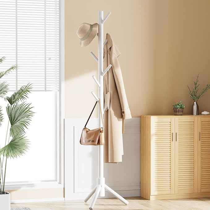 Pipishell Sturdy Wooden Coat Stand, 3 Adjustable Sizes Coat Tree with 8 Hooks, Coat Stands for Hallway Entryway, Hat Stand for Clothes, Used in Bedroom/Office/Hallway/Entryway, White