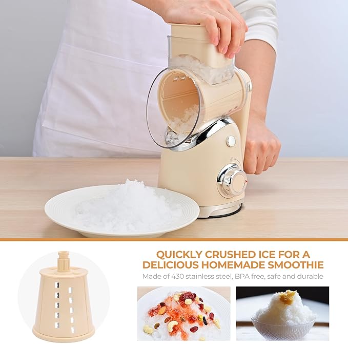 SUSTEAS Rotary Cheese Grater with Handle, Vegetable Slicer, 6 Interchangeable Blades, Reinforced Suction, Easy to Clean, Kitchen Shredder for Crushed Ice, Fruits, Nuts with Blade Storage Case, Beige