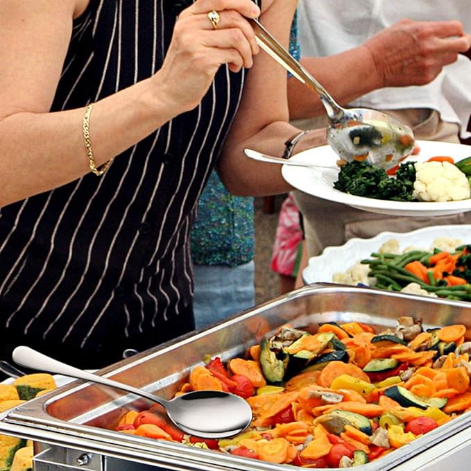AOOSY 2 Pieces Stainless Steel Flatware Serving Sets, 8.7-Inch Long Handle Slotted Spoons and Serving Spoons for Buffet, Banquet, Cooking, and Kitchen