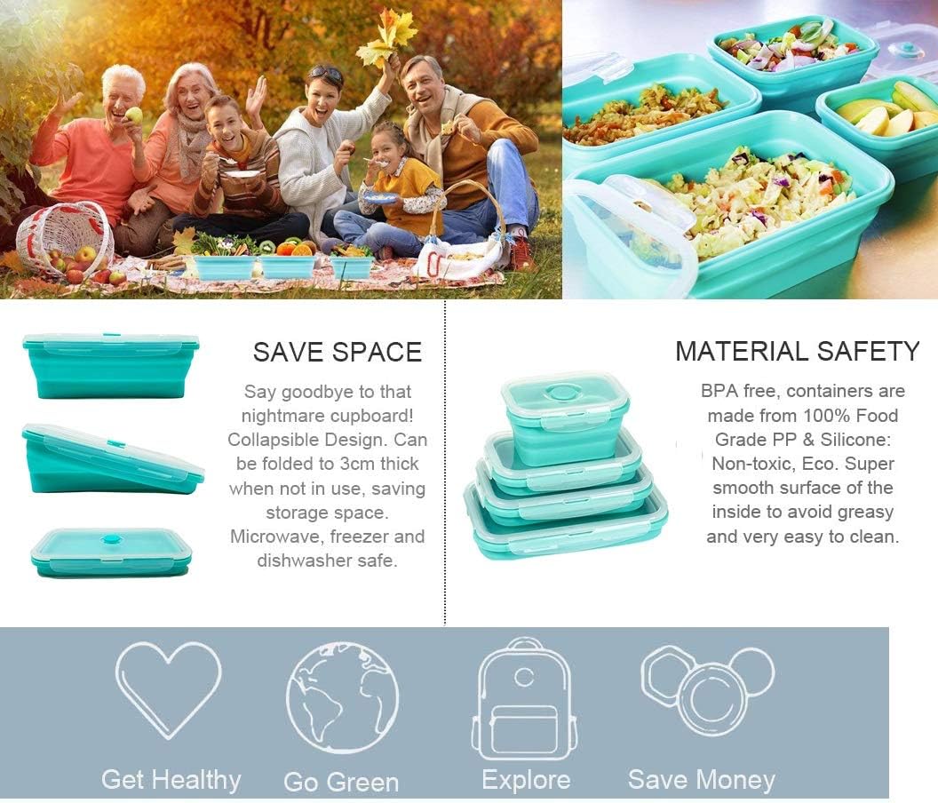 AMAZING CONTAINERS™ Collapsible Silicone Food Storage Container Set of 4 with Lids | Stackable | Microwaveable | Freezer, Dishwasher Safe| BPA Free