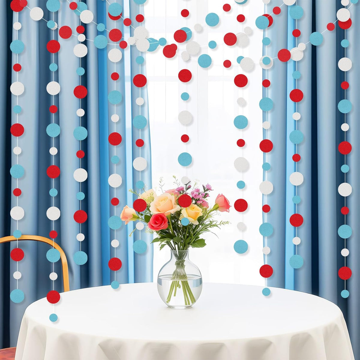 Outus 5 Pieces Colorful Dots Paper Garland Round Glitter Garland Hanging Confetti Streamers Backdrop Decoration for Birthday Classroom Candy Sprinkles Trunk or Treat Party (Light Blue,White,Red)
