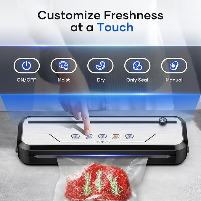 KOIOS Vacuum Sealer Machine with Starter Kit, One-Touch Operation | Built-in Cutter | Dry & Moist Modes | Compact Design | Vacuum Sealer for Food Preservation, Freezer Storage & Meal Prep