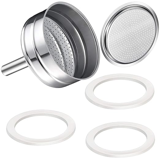 Moka Express Replacement Funnel Kit, 3 Packs Gasket Seals, 1 Stainless Steel Funnel with 1 Pack Stainless Filter (3-Cup)