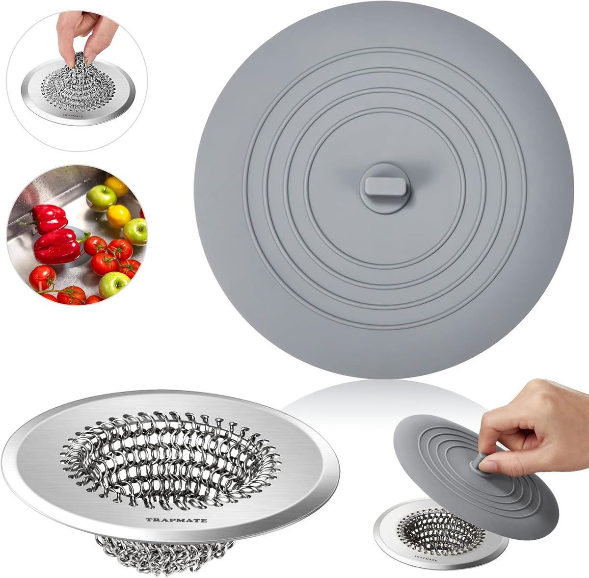 TRAPMATE Sink Drain Strainer, Easy Clean Kitchen Sink Strainer with Stopper, 304 Stainless Steel Sink Strainer Basket, Revolutionary Drain Stopper Kitchen Sink, Garbage Disposal Strainer for US Drain