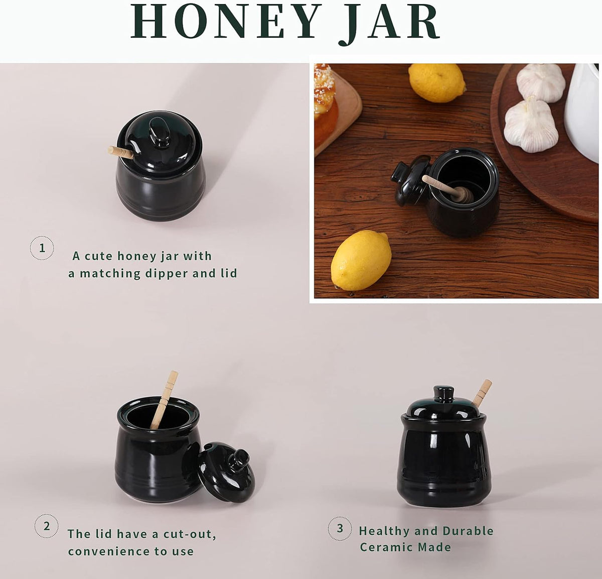 LEETOYI Ceramic Honey Jar with Lid and Dipper,Honey pot for Kitchen,12oz (Black)