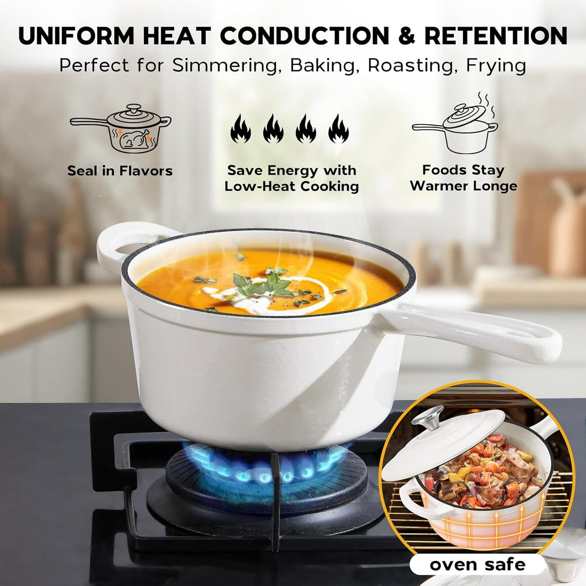 1QT Sauce Pan, Onader Enameled Cast Iron Saucepan Dutch Oven Pot with Lid, Small Cooking Sauce Pot, Nonstick & Oven Safe – White