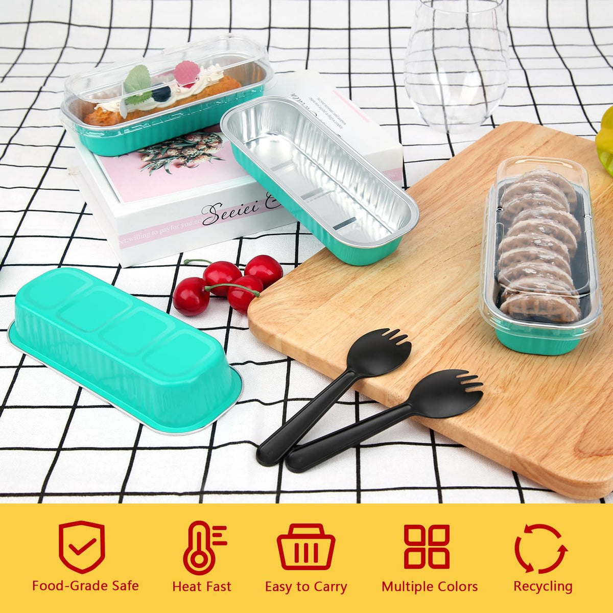 LNYZQUS Mini Loaf Baking Pans with Lids 100 Pack, 6.8oz Rectangle Mini Cake Tins Baking Cups,Disposable Aluminum Foil Baking Pan Muffin Tins Containers -Cyan Blue