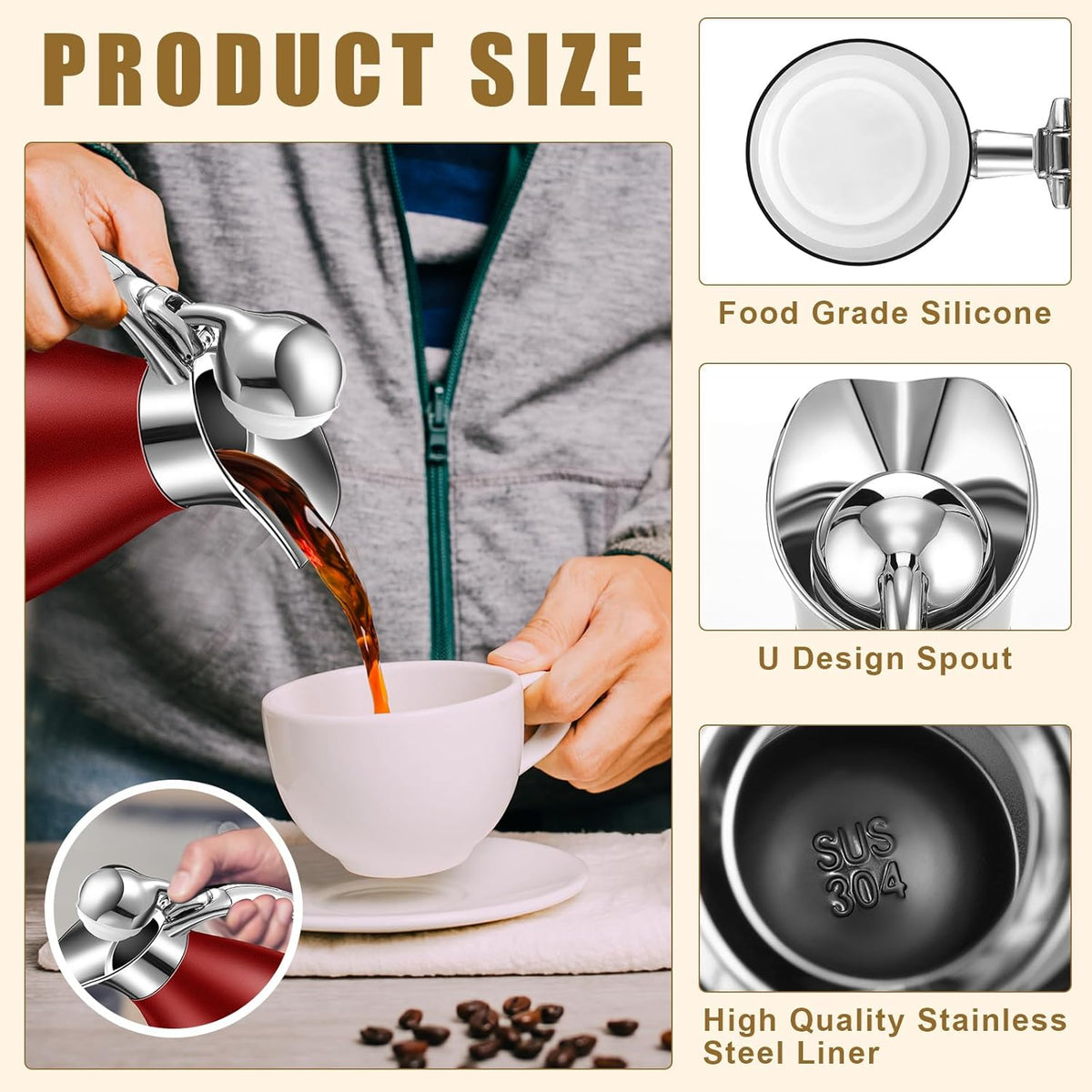 Uiifan 2 Pcs 68 oz Thermal Coffee Carafe Insulated Stainless Steel Coffee Carafe for Hot Liquids Vacuum Thermal Pot Creamer Dispenser with Brushes Keeping Hot Tea Milk Water(Red)