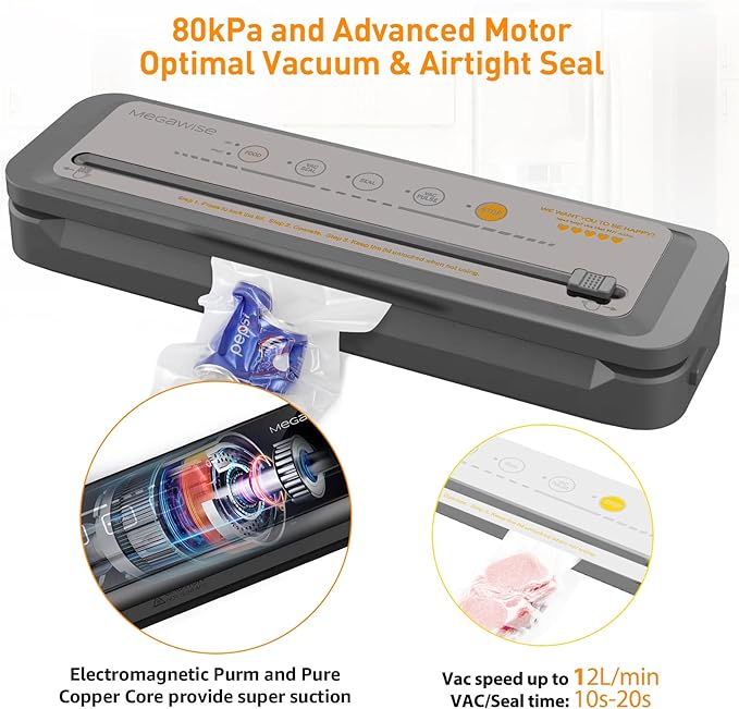 MegaWise Vacuum Sealer Machine - Powerful 80kPa Suction, Built-in Cutter, One-Touch Operation, Includes 10 BPA-Free Bags, Dry & Moist Modes, Keeps Food Fresh 5x Longer