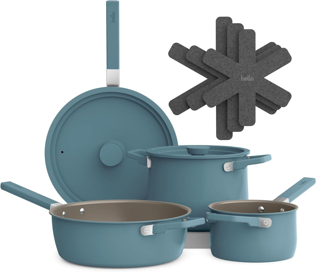 bella 9 Piece Ceramic Nonstick Cookware Set, Fits-anywhere™ Kitchenware w EverGood™ Coating, Dishwasher & Oven Safe, All Stovetops Compatible, Stackable Design, Cool Touch Handles, Surf
