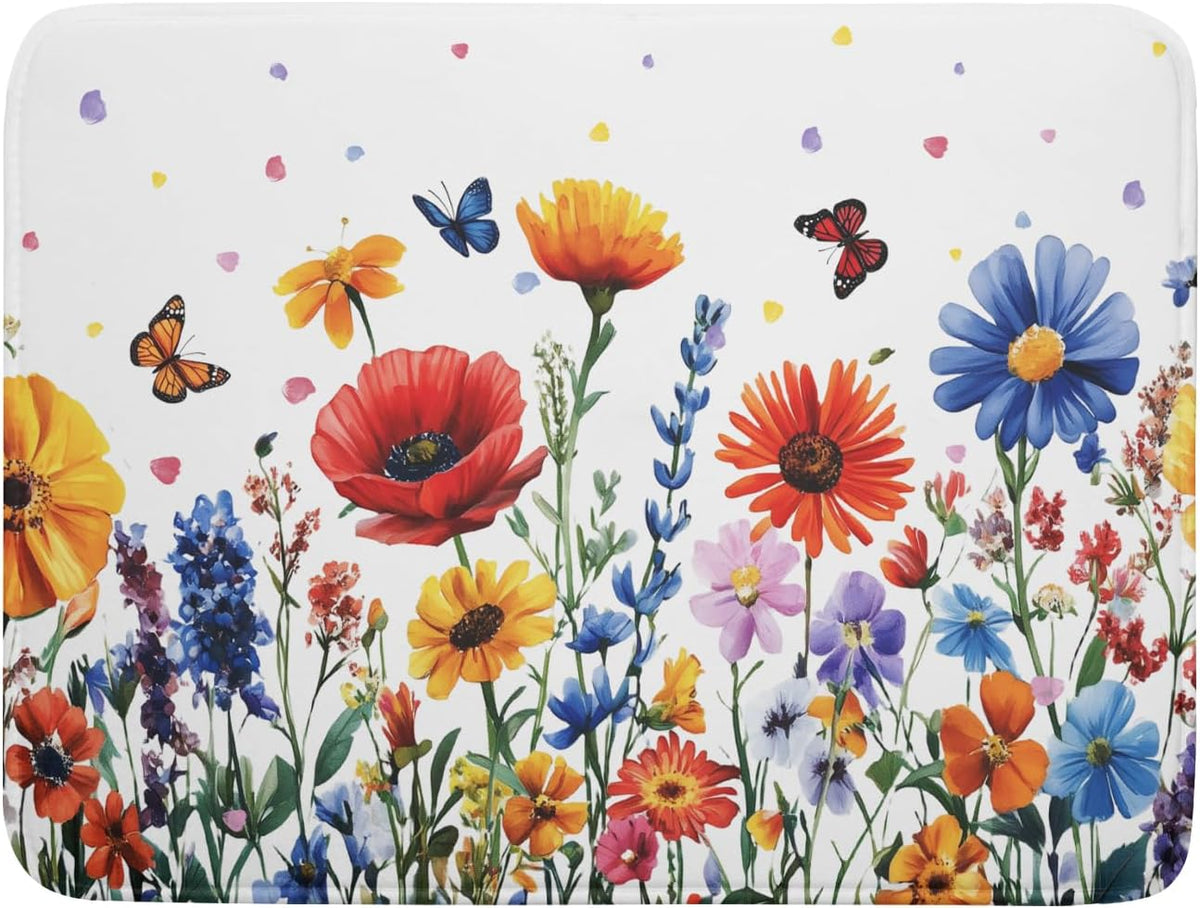 Watercolor Flower Dish Drying Mat 18x24 Inch Floral Butterfly Dish Drainer Protector Pad Washable Reversible Kitchen Counter Dish Dry Pad