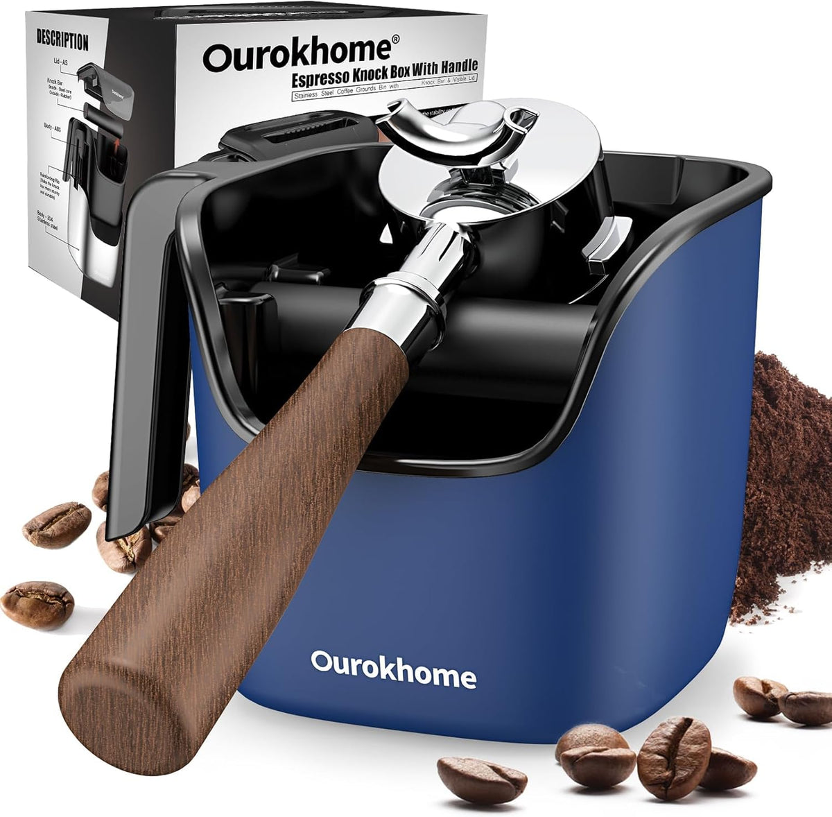 Ourokhome Knock Box Espresso Accessories, The Latest Patented Stainless Steel Espresso Machine Tool for Coffee Ground with Removable Knock Bar, Handle and Lid, Dishwasher safe, 4.8 inch (Deep Blue)