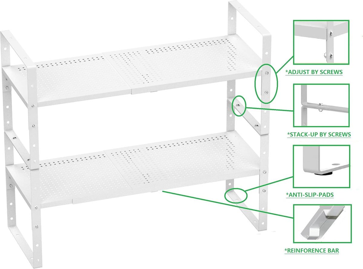 Expandable Shoe Rack Stackable Metal Pantry Storage Shelves Stand Adjustable Height Cabinet Shelf Organizer Racks Spice Shelving(2PACKS/WHITE,LARGE)