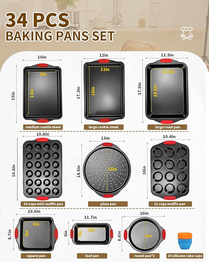 Baking Pans Set with Silicone Handles, 34 PCS Nonstick Bakeware Sets, Oven Pan Set Includes Baking Tray, Cookie Sheet, Cake Pans, Loaf Pan, Muffin Pan, Pizza Pan