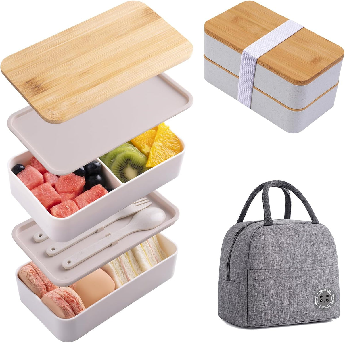 Japanese Bamboo Bento Box with Compartments and Utensils Stackable Lunch Box Includes Lunch Bag for Meal Prep Beige