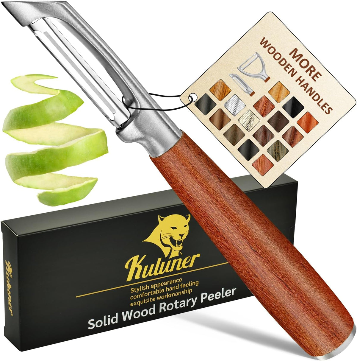 KU LUNER Premium 304 Stainless Steel Multifunctional Kitchen Fruit and Vegetable Peeler with Real Wood Handle，Ultra Sharp Strong Blade