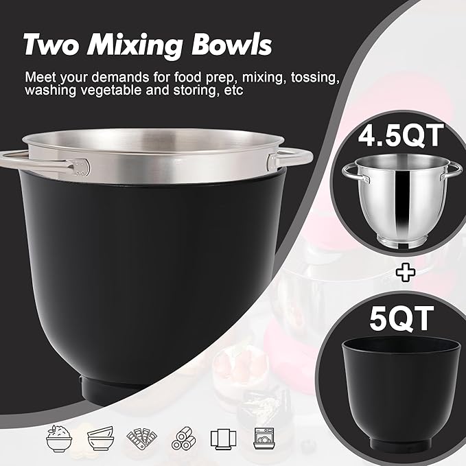 Kitchen in the box Stand Mixer, 4.5QT+5QT Two bowls Electric Food Mixer, 10 Speeds 3-IN-1 Kitchen Mixer for Daily Use with Egg Whisk,Dough Hook,Flat Beater (Onyx Black, 5QT)