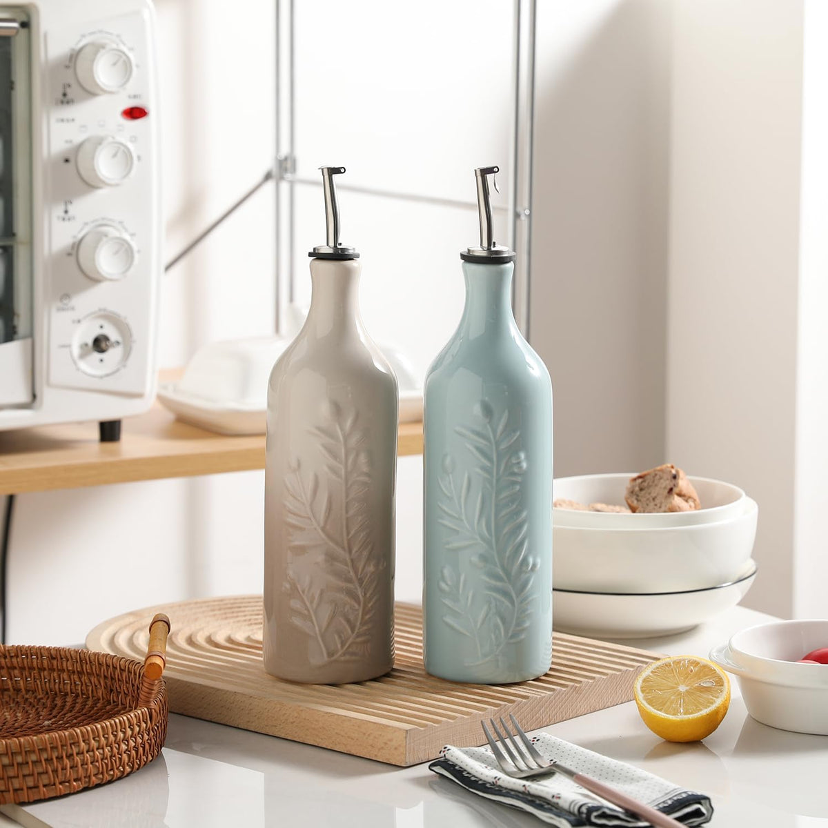 Sweejar Large Olive Oil Dispenser Bottle with Spout, 24 Oz Ceramic Oil Dispenser for Kitchen, Relief Opaque Cruet, Container for Cooking, EVOO, Vinegar, Pack of 1 (Light Blue)