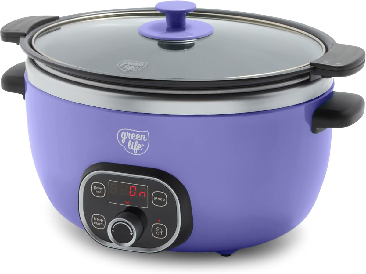 GreenLife 6 Quart Ceramic Slow Cooker, PFAS-Free, Programmable, Removable Healthy Nonstick Pot for Family Meals, Sear on Stovetop, Keep Warm, Digital Timer, Dishwasher Safe Glass Lid, Periwinkle