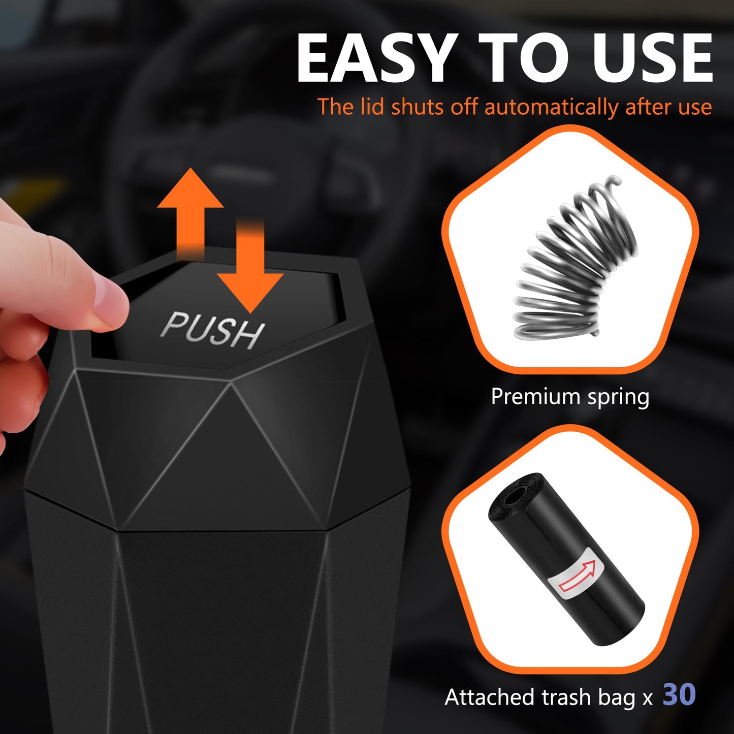 OUDEW Car Trash Can with Lid, Leakproof, 30 Trash Bags, Black, 2 Pack