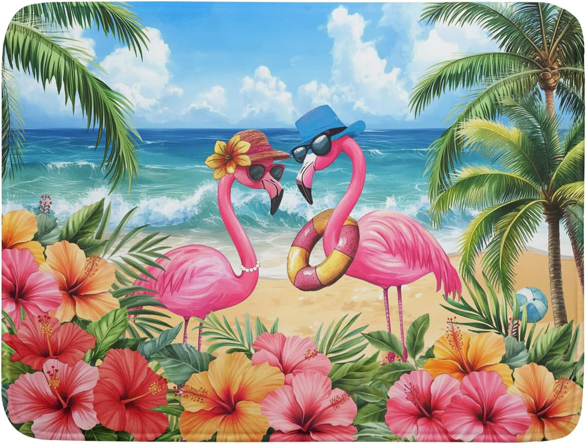 Summer Flamingos Dish Drying Mat 18x24 inch Tropical Beach Microfiber Washable Dish Rack Mats Drainer Pad for Counter Kitchen Table Decor