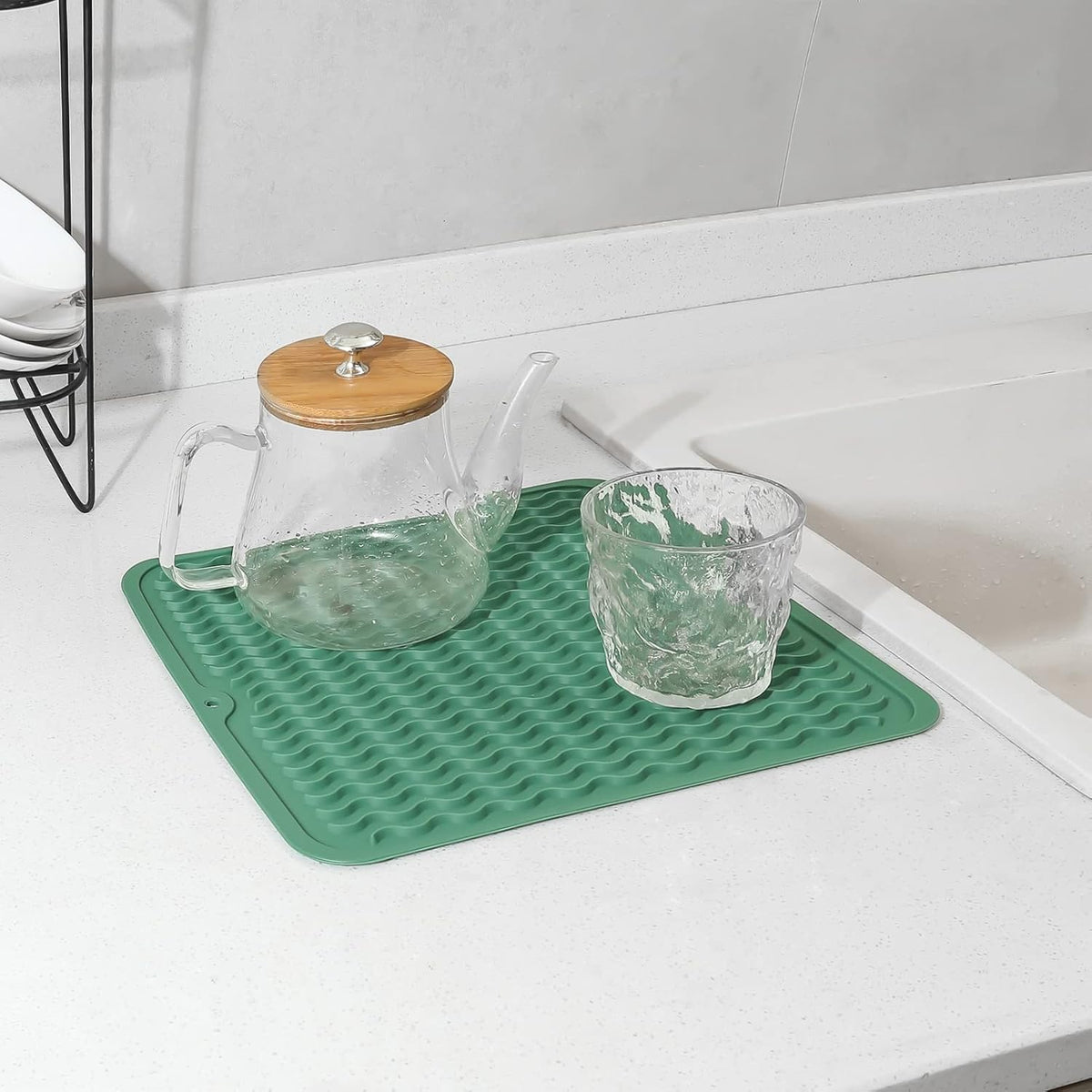 Silicone Dish Drying Mat for Multiple Usage,Easy clean,Eco-friendly,Heat-resistant Silicone Mat for Kitchen Counter or Sink,Refrigerator or Drawer liner Green M 12 inches x 12 inches