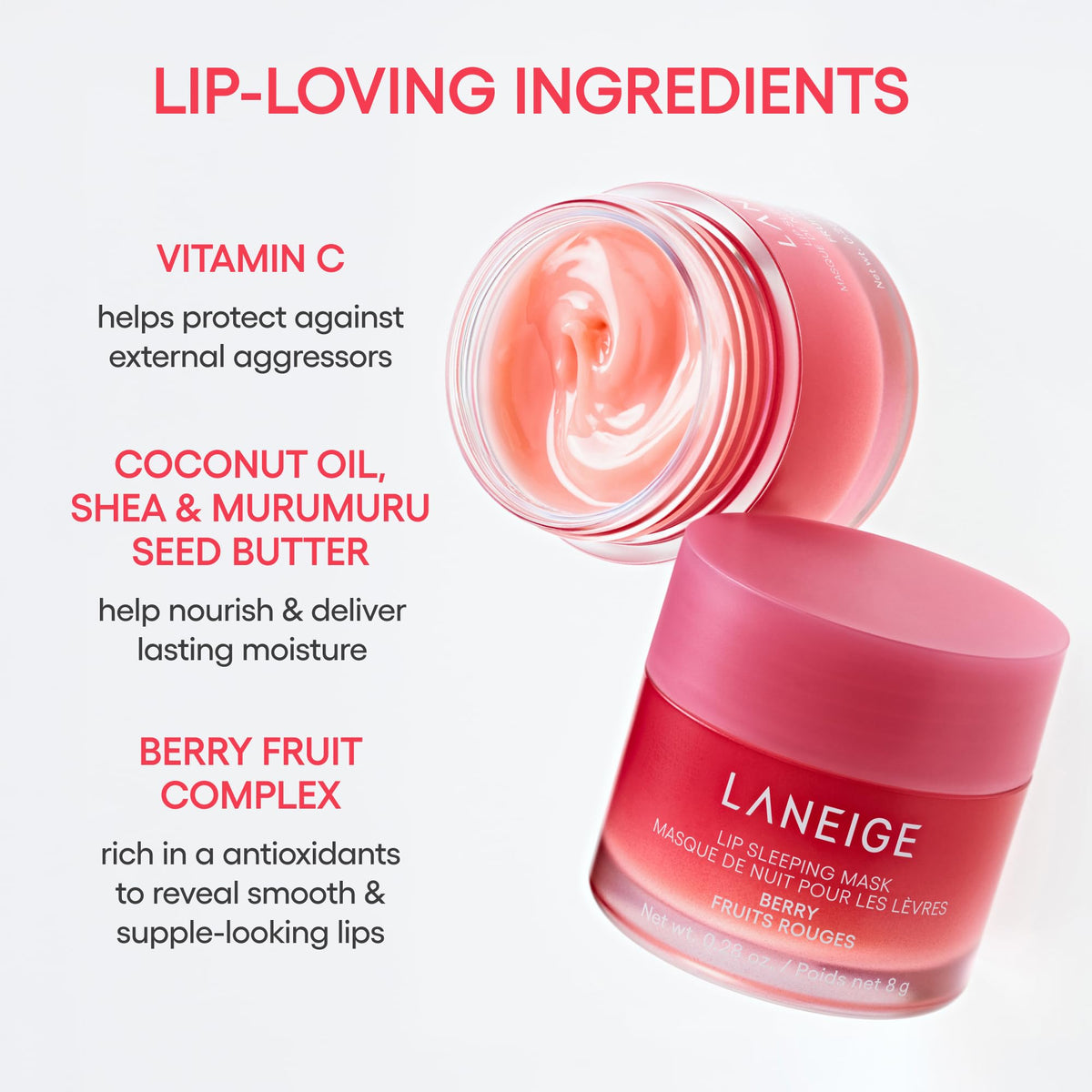 LANEIGE Lip Sleeping Mask: Hydrating & Nourishing Korean Overnight Lip Treatment Mask with Shea Butter, Vitamin C & Murumuru, Antioxidants For Flaky, Dry Lips | Korean Skin Care, Berry
