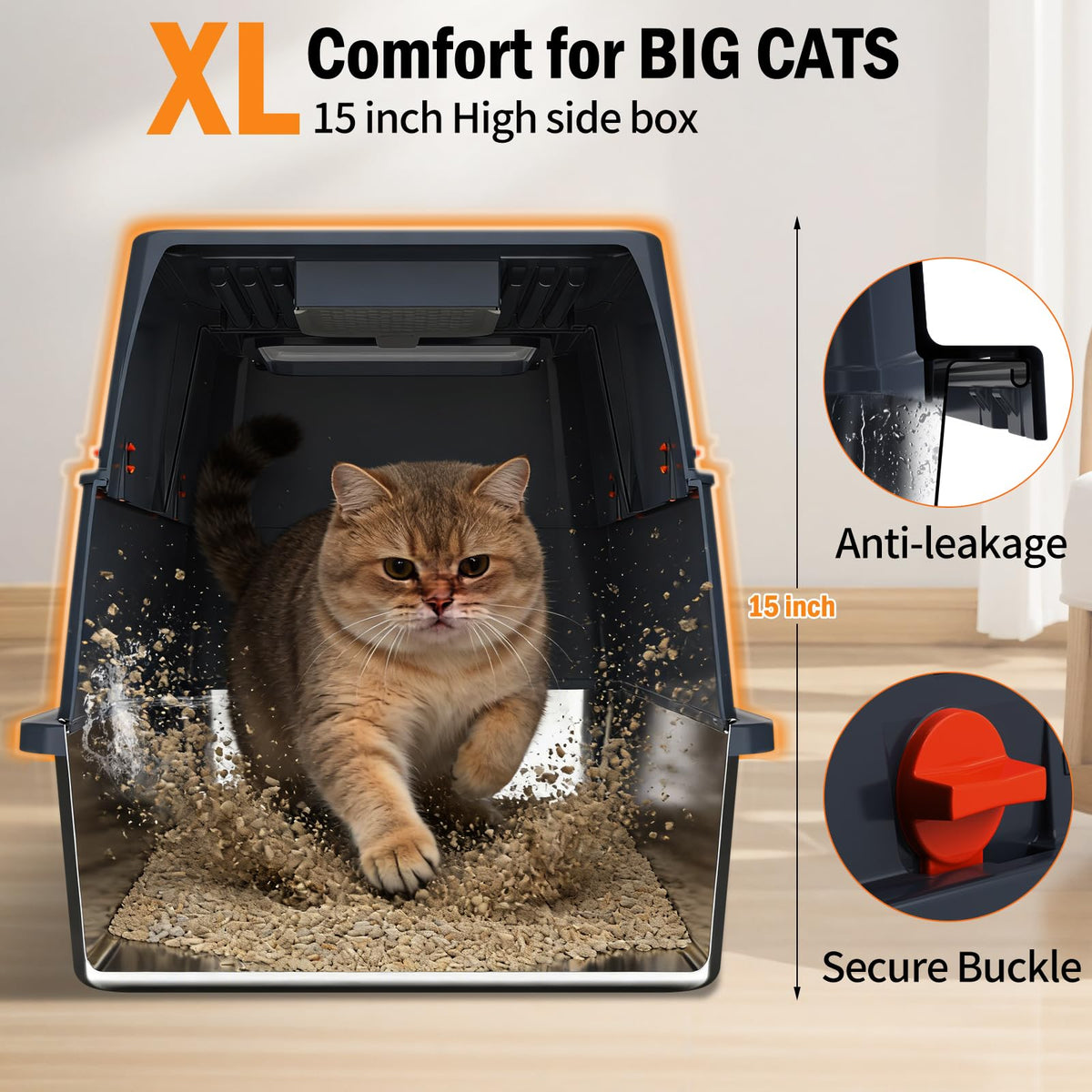 Stainless Steel Litter Box with Lid, Enclosed Metal Litter Box, Extra Large Kitty Litter Pan Covered with Scoop & Pedal, Odor Control, Odor Free, Front & Flip-Top Entry, Black