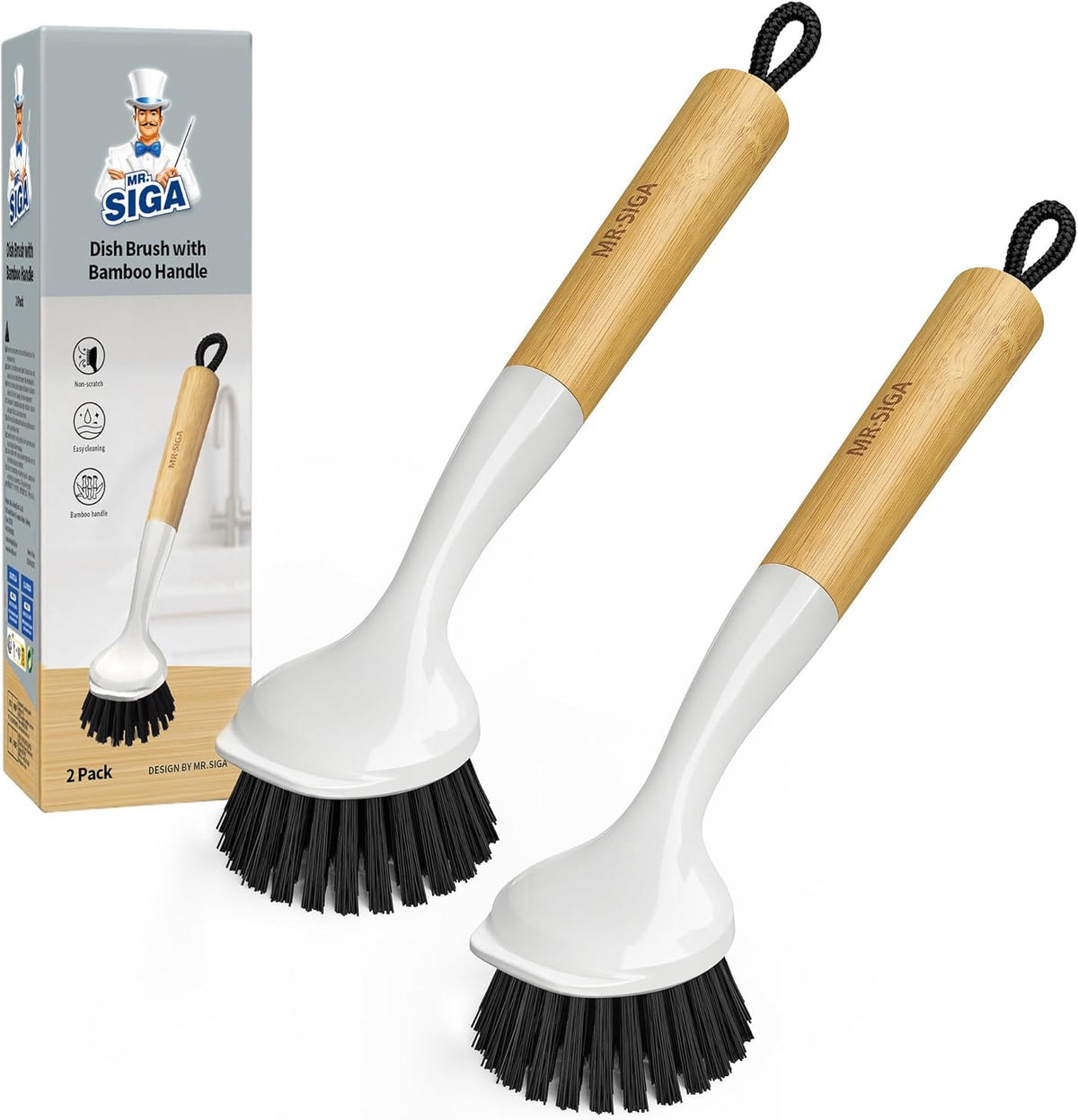 MR.SIGA Dish Brush with Handle, Dish Scrub Brush with Built-in Scraper, Bamboo Dish Brush for Pots and Pans, Kitchen Sink, 2 Pack
