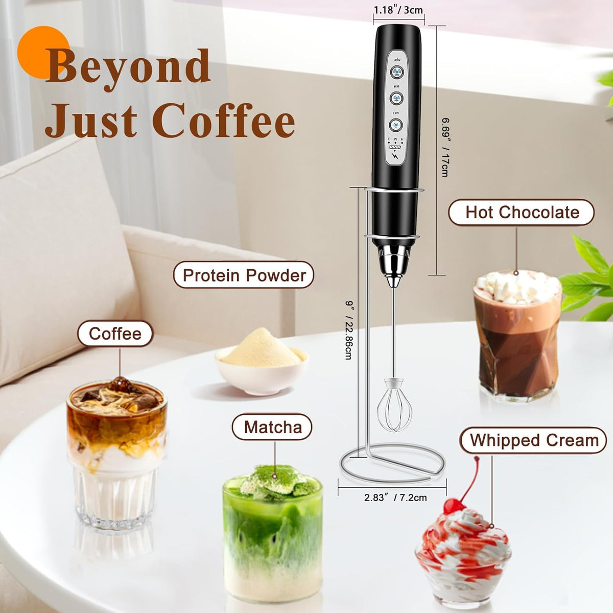 Milk Frother Handheld Rechargeable with Stand, Frother Wand Drink Mixer Electric Whisk for Coffee, Detachable With 3 Stainless Whisks, Hand Mixer for Lattes, Cappuccino, Matcha, Egg, Black