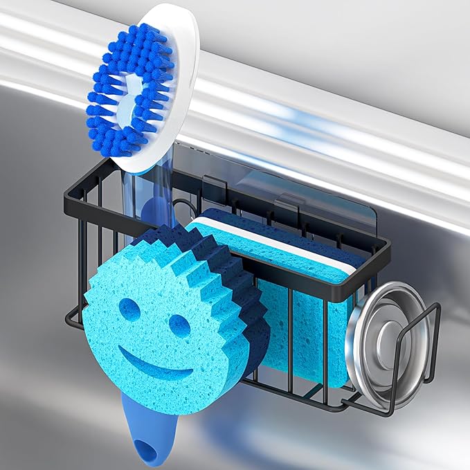 Sponge Holder for Kitchen Sink,Sink Caddy Smiley Face,4-in-1 Sponge Holder with Suction Cups & 1 PCS Adhesive Strips for Holding Soap,Brush,Scrubber,Sponge,Stopper-Black
