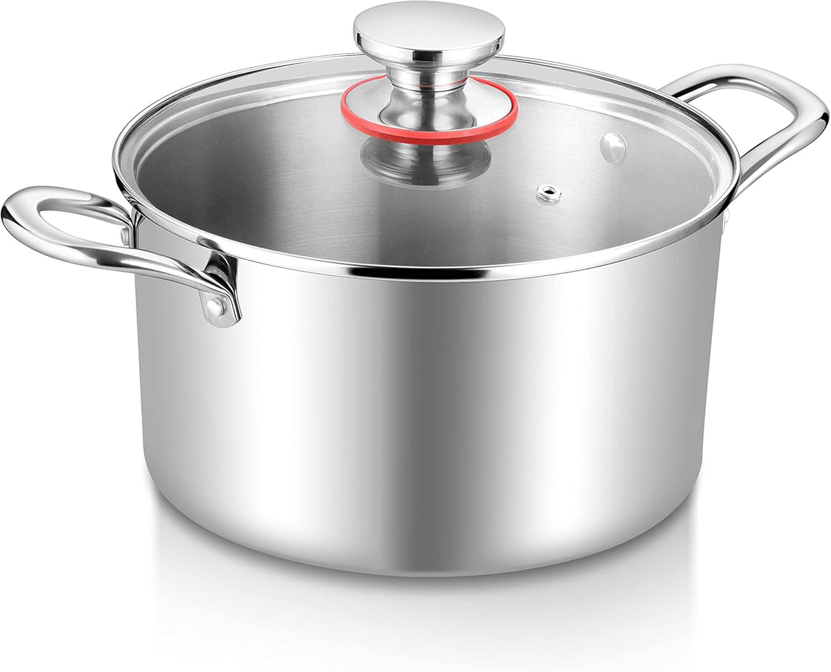 TeamFar 4.5 Quart Stock Pot, Stainless Steel Tri-Ply Cooking Pasta Soup Pot with See-Through Lid for Induction/Electric/Gas/Ceramic, Healthy & Heavy Duty, Ergonomic Handle & Dishwasher Safe