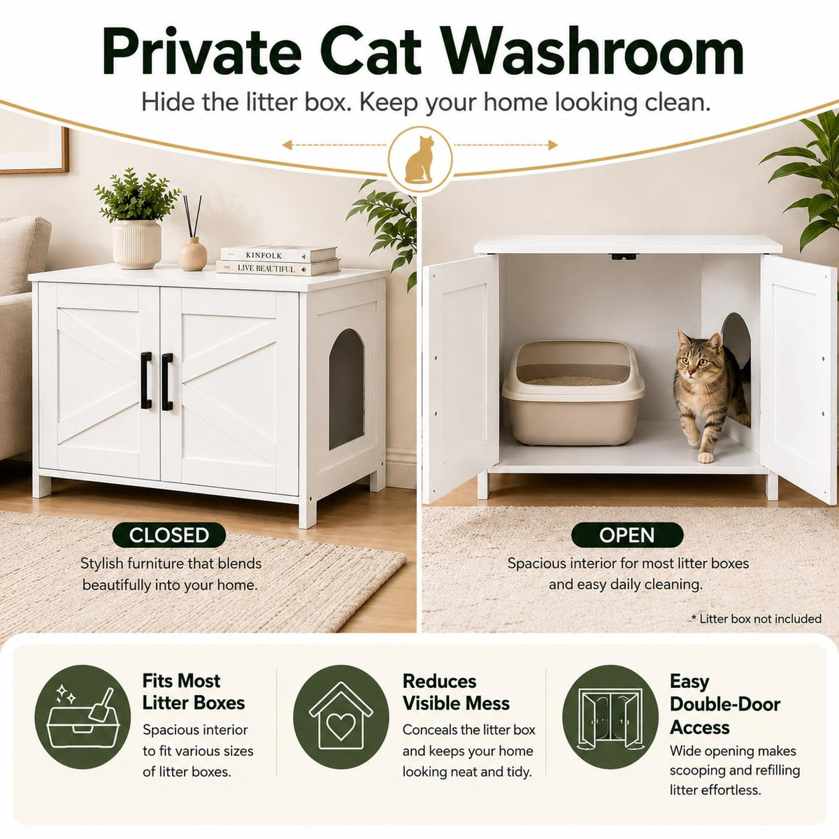 Homhedy 31.5" L Cat Litter Box Enclosure with Barn Door, White