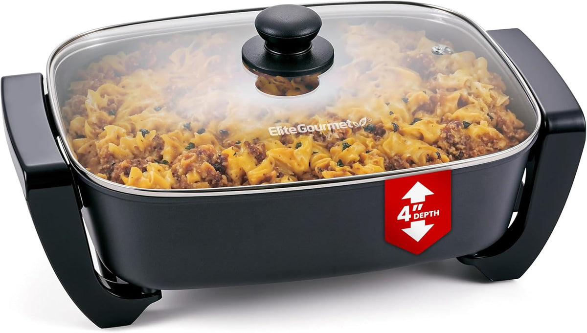 Elite Gourmet EG2615 15" x 12" x 4” Electric Skillet, Durable Xtra Deep Dish, PFAS Free Ceralast™ Ceramic Non-stick, 1500W Rapid Heat, Tempered Glass Vented Lid, Dishwasher Safe, 12.5 Qt., Black/Gray