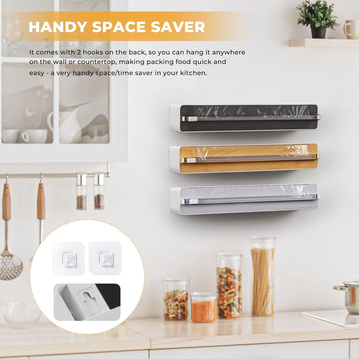 Magnetic Plastic Wrap Dispenser with Cutter - Quasziwa Upgrade Practical Refillable Cling Wrap Aluminum Tin Foil Organizer for Drawer, Include an Extra Roll of 12"X 164' Food Cling Film - Wood Grain