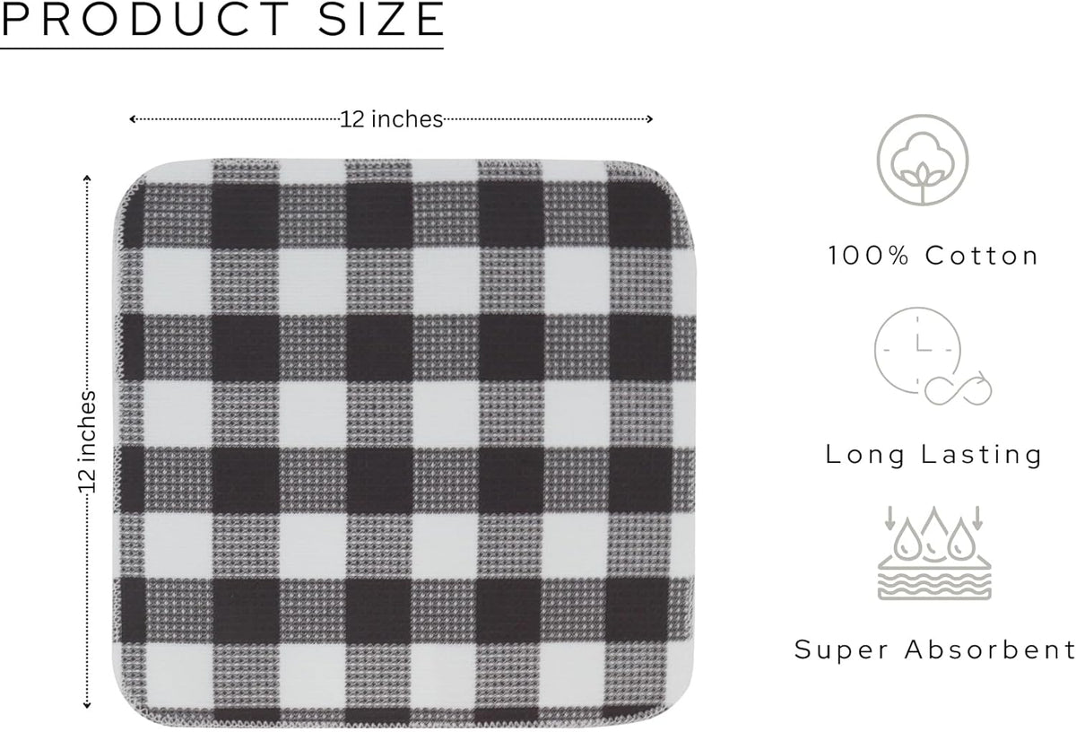 Waffle Weave Plaid Dish Cloths, 100% Cotton - 12 x 12 Inches, Ultra Soft Absorbent Quick Drying Dish Towels Buffalo Check Dish Rags for Kitchen, 6 Pack - Spring Summer - Steel Grey and White