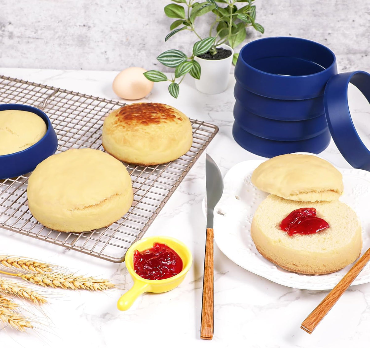 KOLUTI 4 Inch Round English Muffin Rings, 6Pcs Nonstick Silicone Cooking Crumpet Pancake Pastry Cookie Baking Mold, Durable Circle Egg Patty Omelette Cooker Ring for Frying, BPA Free, Blue